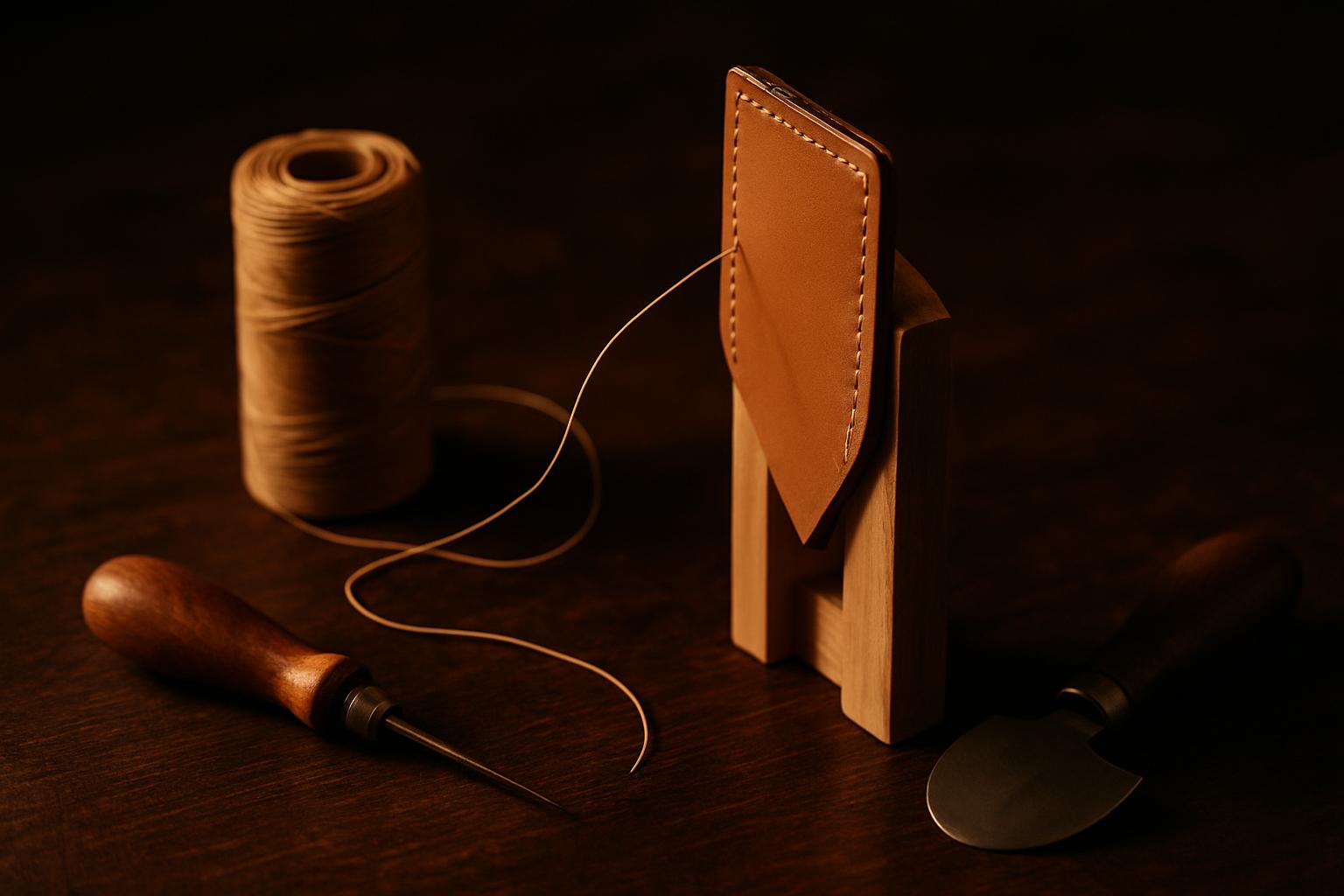 Workshop bench with a half-stitched panel in a clamp, waxed thread and a round knife